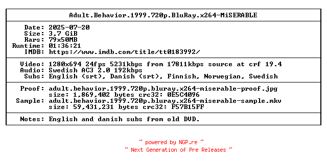 NFO for the release Adult.Behavior.1999.720p.BluRay.x264-MiSERABLE by MiSERABLE