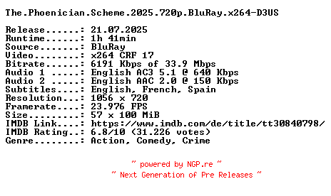 NFO for the release The.Phoenician.Scheme.2025.720p.BluRay.x264-D3US by D3US