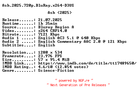 NFO for the release Ash.2025.720p.BluRay.x264-D3US by D3US
