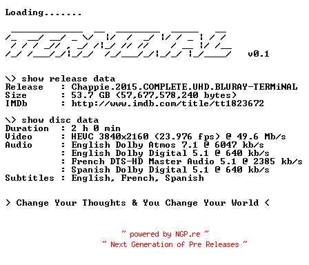 NFO for the release Chappie.2015.COMPLETE.UHD.BLURAY-TERMiNAL by TERMiNAL