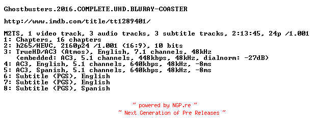 NFO for the release Ghostbusters.2016.COMPLETE.UHD.BLURAY-COASTER by COASTER