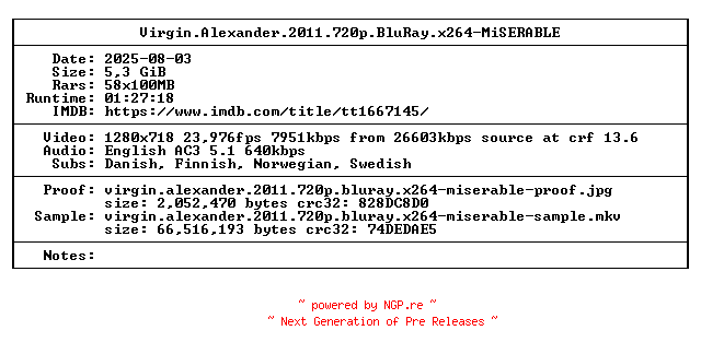 NFO for the release Virgin.Alexander.2011.720p.BluRay.x264-MiSERABLE by MiSERABLE