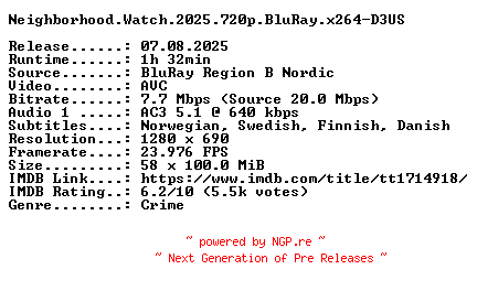 NFO for the release Neighborhood.Watch.2025.720p.BluRay.x264-D3US by D3US