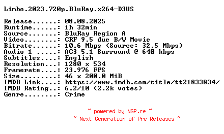 NFO for the release Limbo.2023.720p.BluRay.x264-D3US by D3US