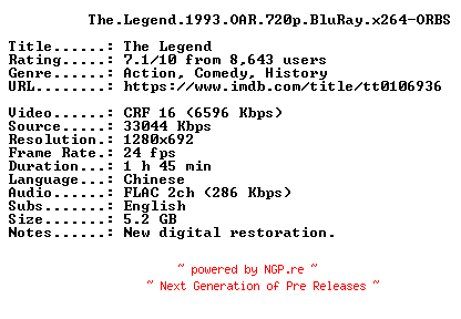 NFO for the release The.Legend.1993.OAR.720p.BluRay.x264-ORBS by ORBS