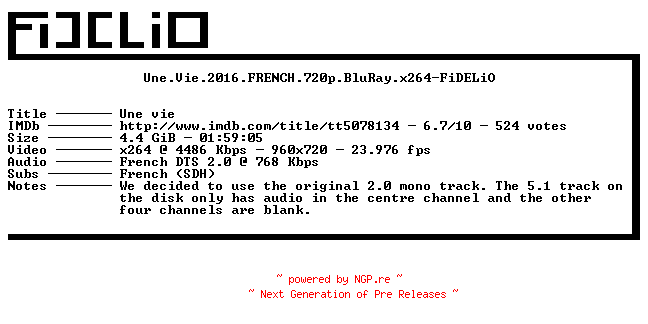 NFO for the release Une.Vie.2016.FRENCH.720p.BluRay.x264-FiDELiO by FiDELiO