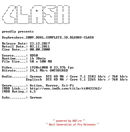 NFO for the release Daybreakers.2009.DUAL.COMPLETE.3D.BLURAY-CLASH by CLASH