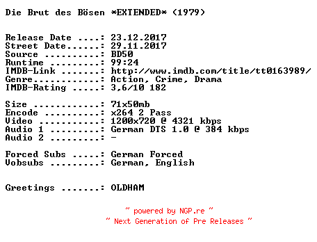 NFO for the release Die.Brut.des.Boesen.EXTENDED.1979.German.720p.BluRay.x264-SPiCY by SPiCY