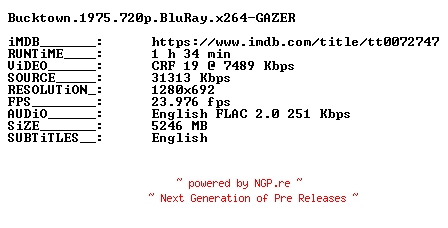 NFO for the release Bucktown.1975.720p.BluRay.x264-GAZER by GAZER