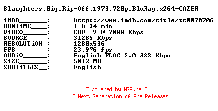 NFO for the release Slaughters.Big.Rip-Off.1973.720p.BluRay.x264-GAZER by GAZER
