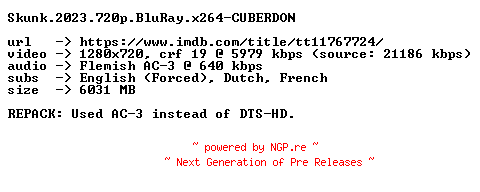 NFO for the release Skunk.2023.REPACK.720p.BluRay.x264-CUBERDON by CUBERDON