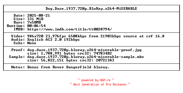 NFO for the release Dog.Daze.1937.720p.BluRay.x264-MiSERABLE by MiSERABLE