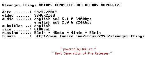 NFO for the release Stranger.Things.S01D02.COMPLETE.UHD.BLURAY-SUPERSIZE by SUPERSIZE