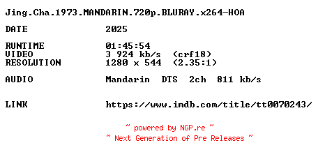 NFO for the release Jing.Cha.1973.MANDARIN.720p.BLURAY.x264-HOA by HOA