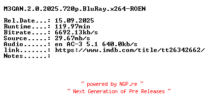 NFO for the release M3GAN.2.0.2025.720p.BluRay.x264-ROEN by ROEN