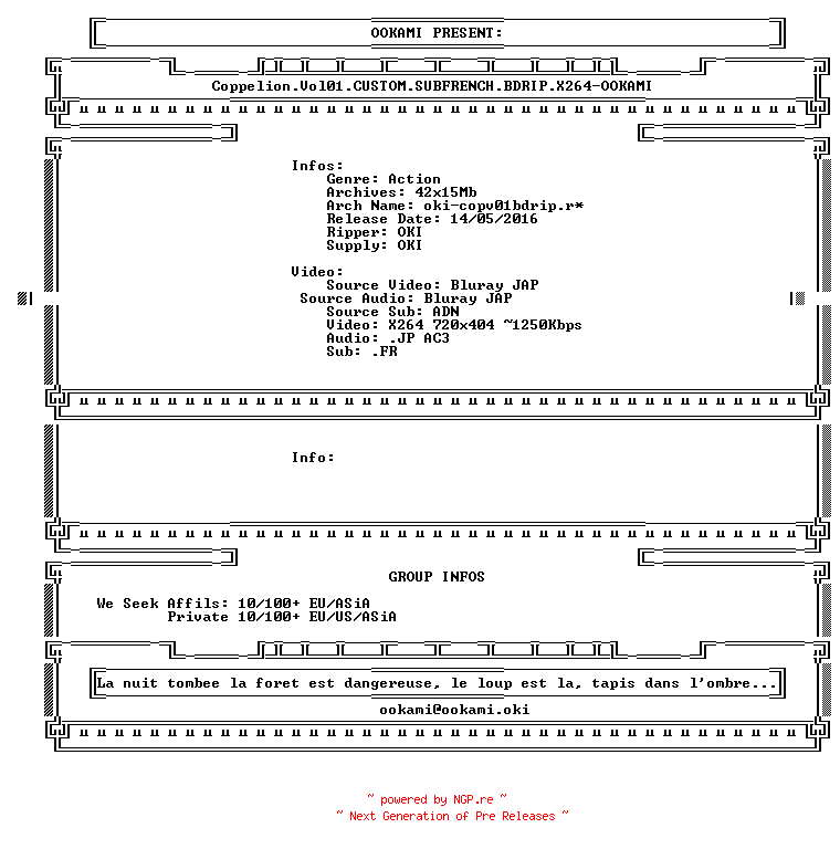 NFO for the release Coppelion.Vol01.CUSTOM.SUBFRENCH.BDRIP.X264-OOKAMI by OOKAMI