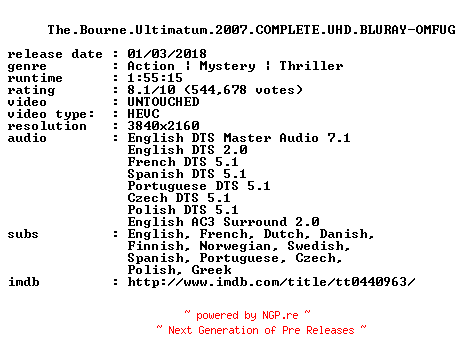 NFO for the release The.Bourne.Ultimatum.2007.COMPLETE.UHD.BLURAY-OMFUG by OMFUG