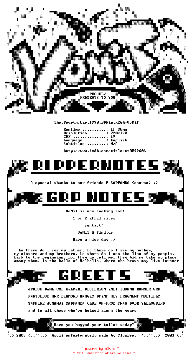 NFO for the release The.Fourth.War.1990.BDRip.x264-VoMiT by VoMiT