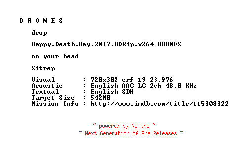 NFO for the release Happy.Death.Day.2017.BDRip.x264-DRONES by DRONES