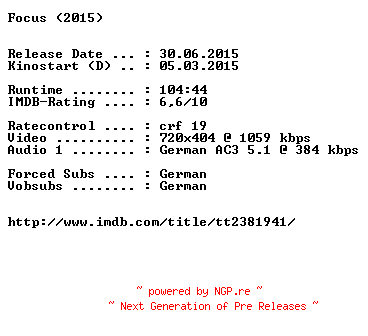 NFO for the release Focus.German.2015.AC3.BDRiP.x264-EXQUiSiTE by EXQUiSiTE
