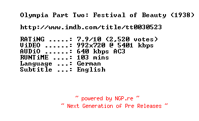 NFO for the release Olympia.Part.Two.Festival.of.Beauty.1938.720p.BluRay.x264-SUMMERX by SUMMERX