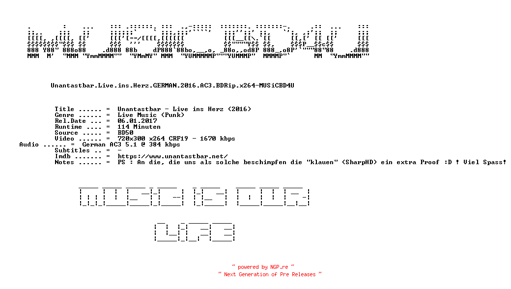NFO for the release Unantastbar.Live.ins.Herz.GERMAN.2016.AC3.BDRip.x264-MUSiCBD4U by MUSiCBD4U