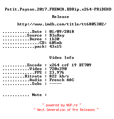 NFO for the release Petit.Paysan.2017.FRENCH.BDRip.x264-PRiDEHD by PRiDEHD