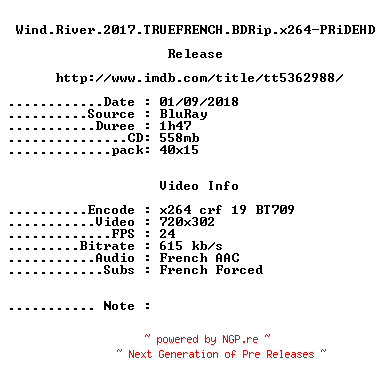 NFO for the release Wind.River.2017.TRUEFRENCH.BDRip.x264-PRiDEHD by PRiDEHD