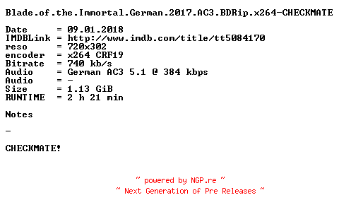 NFO for the release Blade.of.the.Immortal.German.2017.AC3.BDRip.x264-CHECKMATE by CHECKMATE