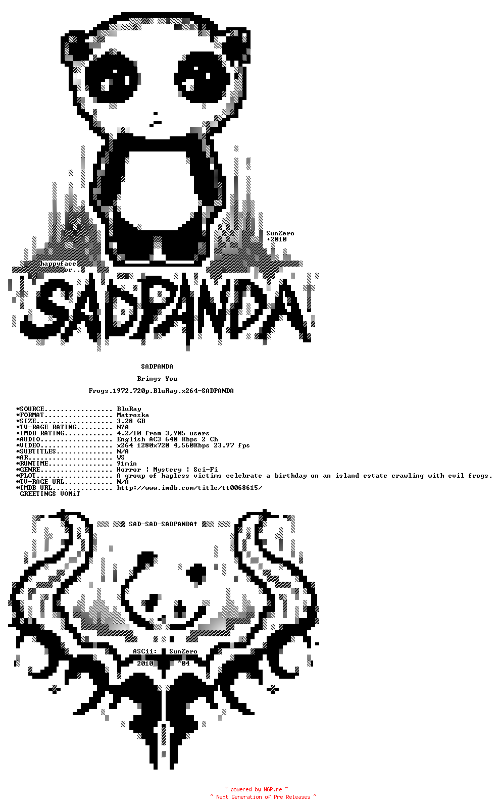 NFO for the release Frogs.1972.720p.BluRay.x264-SADPANDA by SADPANDA