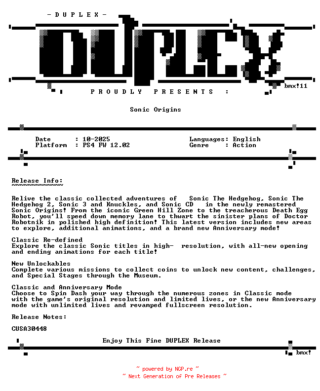 NFO for the release Sonic.Origins.PS4-DUPLEX by DUPLEX