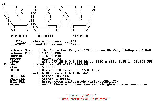 NFO for the release The.Manhattan.Project.1986.German.DL.720p.BluRay.x264-VoV by VoV