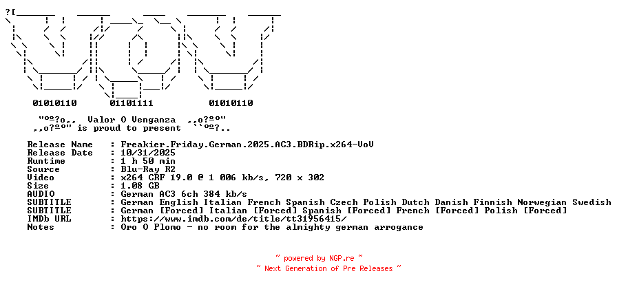 NFO for the release Freakier.Friday.German.2025.AC3.BDRip.x264-VoV by VoV