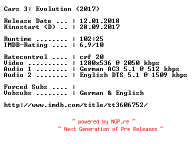 NFO for the release Cars.3.Evolution.2017.German.DL.720p.BluRay.x264-COiNCiDENCE by COiNCiDENCE