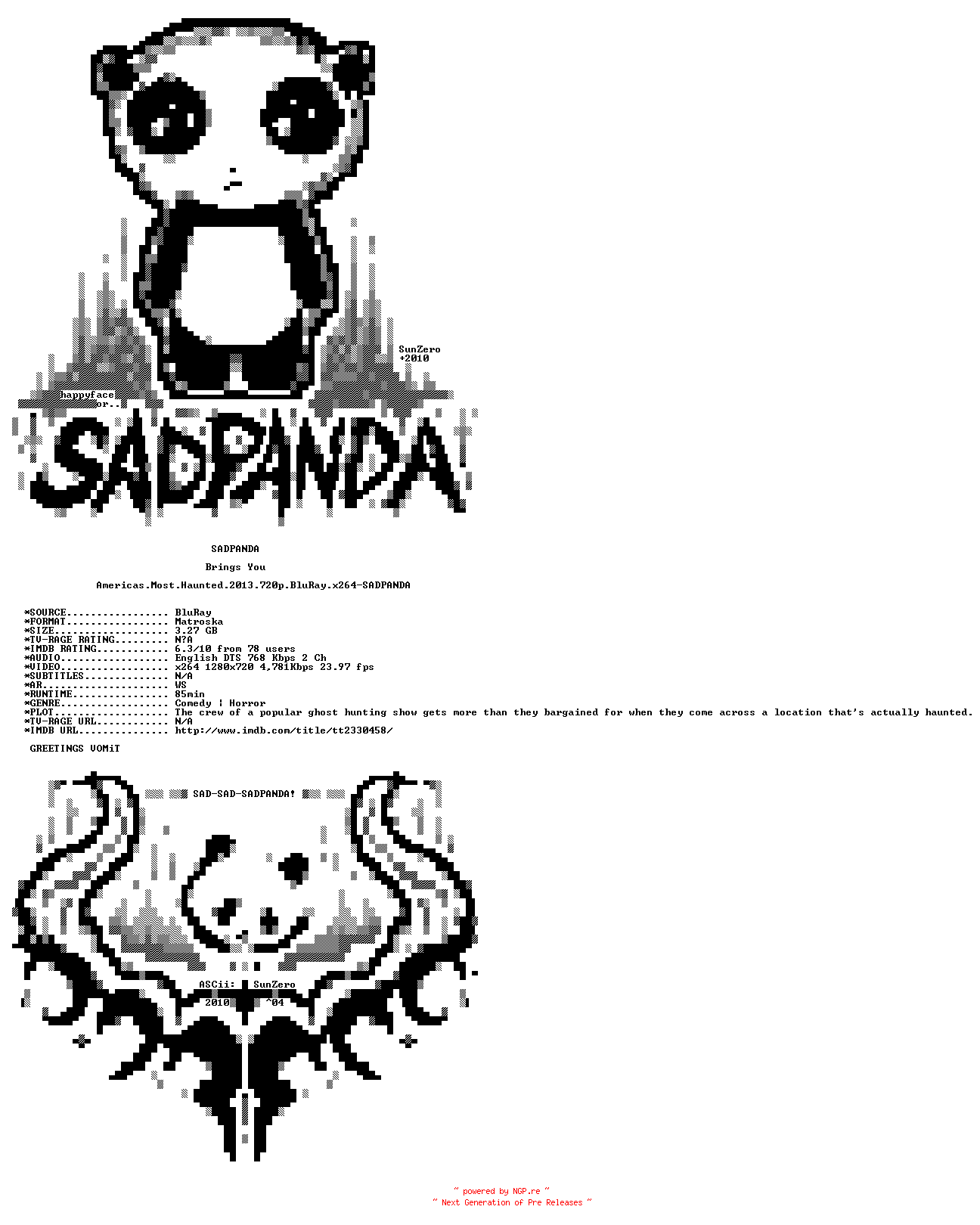 NFO for the release Americas.Most.Haunted.2013.720p.BluRay.x264-SADPANDA by SADPANDA