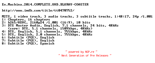 NFO for the release Ex.Machina.2014.COMPLETE.UHD.BLURAY-COASTER by COASTER