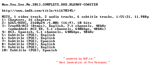 NFO for the release Now.You.See.Me.2013.COMPLETE.UHD.BLURAY-COASTER by COASTER
