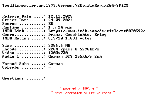NFO for the release Toedlicher.Irrtum.1973.THEATRiCAL.German.720p.BluRay.x264-SPiCY by SPiCY