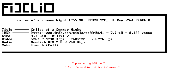 NFO for the release Smiles.of.a.Summer.Night.1955.SUBFRENCH.720p.BluRay.x264-FiDELiO by FiDELiO