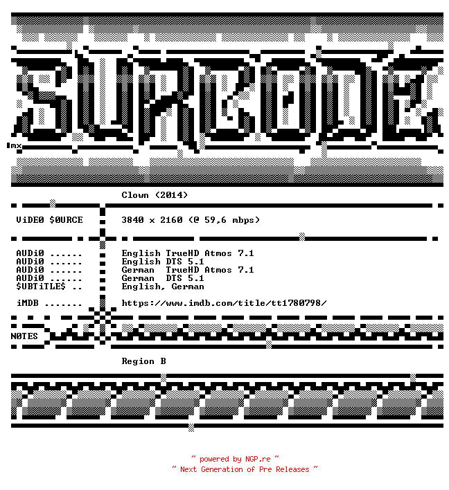 NFO for the release Clown.2014.COMPLETE.UHD.BLURAY-SURCODE by SURCODE