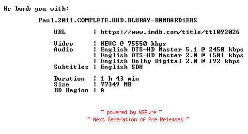 NFO for the release Paul.2011.COMPLETE.UHD.BLURAY-B0MBARDiERS by B0MBARDiERS