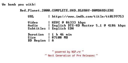 NFO for the release Red.Planet.2000.COMPLETE.UHD.BLURAY-B0MBARDiERS by B0MBARDiERS