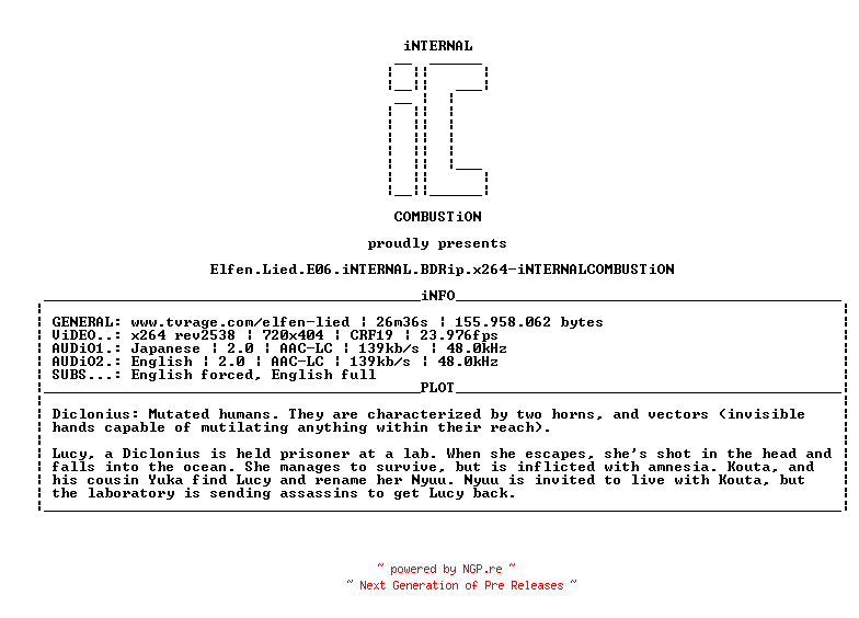NFO for the release Elfen.Lied.E06.iNTERNAL.BDRip.x264-iNTERNALCOMBUSTiON by iNTERNALCOMBUSTiON
