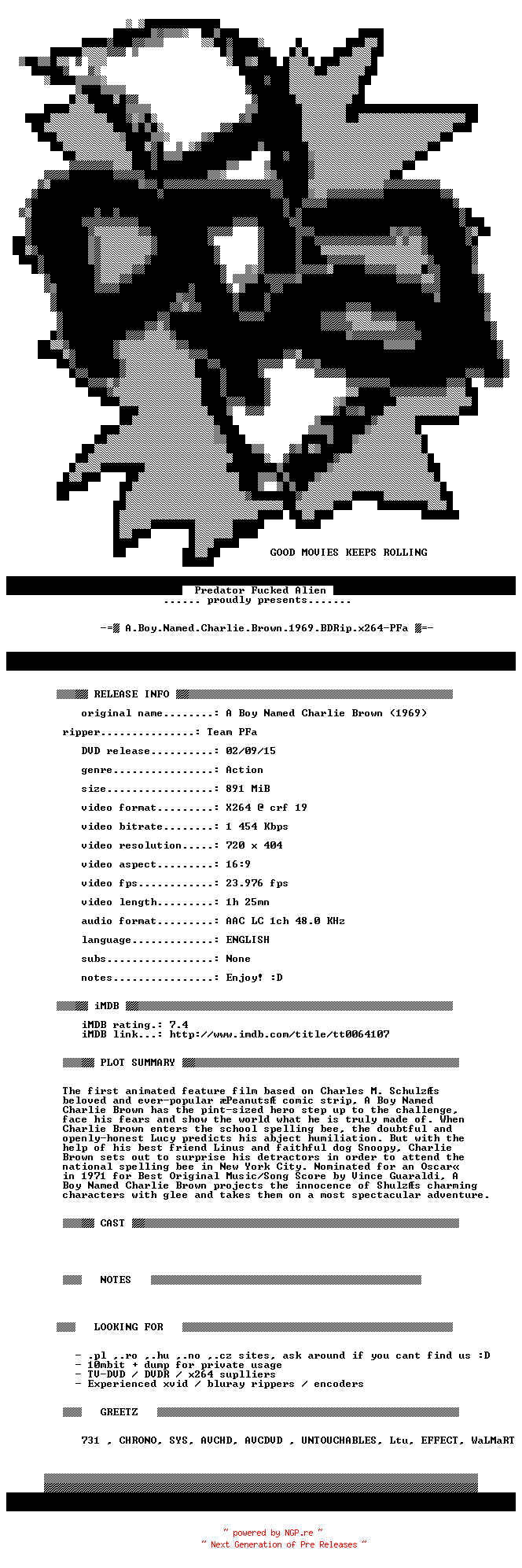 NFO for the release A.Boy.Named.Charlie.Brown.1969.iNTERNAL.BDRip.x264-PFa by PFa