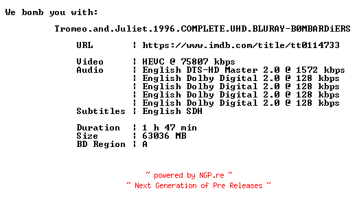 NFO for the release Tromeo.and.Juliet.1996.COMPLETE.UHD.BLURAY-B0MBARDiERS by B0MBARDiERS