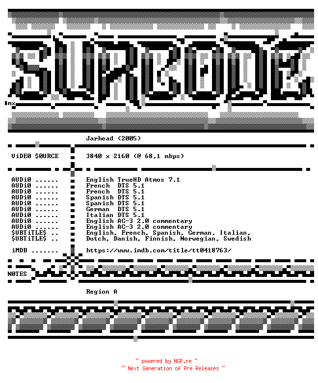NFO for the release Jarhead.2005.COMPLETE.UHD.BLURAY-SURCODE by SURCODE
