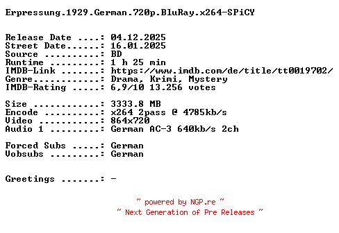 NFO for the release Erpressung.1929.German.720p.BluRay.x264-SPiCY by SPiCY
