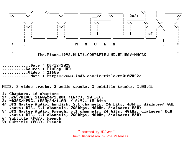 NFO for the release The.Piano.1993.MULTi.COMPLETE.UHD.BLURAY-MMCLX by MMCLX