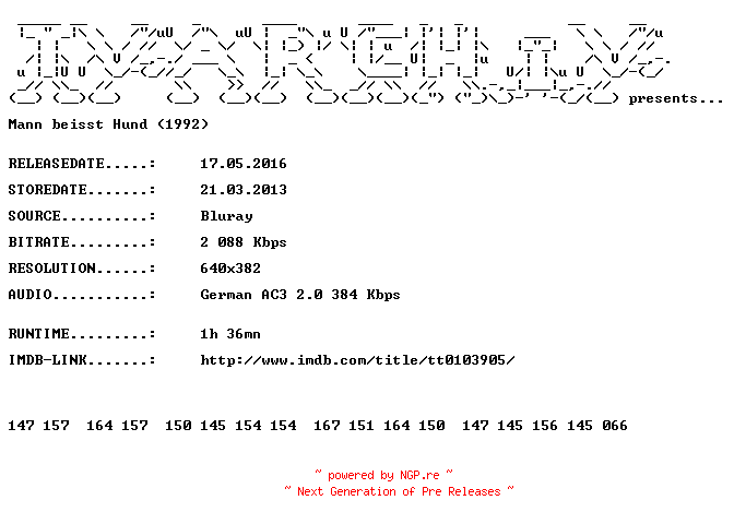 NFO for the release Mann.beisst.Hund.1992.German.BDRip.x264.iNTERNAL.REPACK-TVARCHiV by TVARCHiV