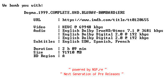 NFO for the release Dogma.1999.COMPLETE.UHD.BLURAY-B0MBARDiERS by B0MBARDiERS